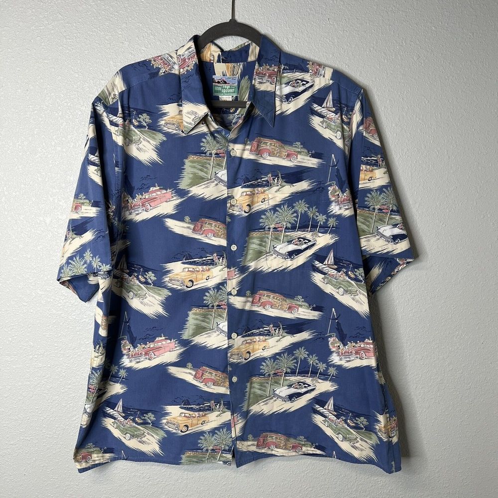 Vtg Reyn Spooner Hawaiian Traditionals Classic Cars Beach Trees Men’s Shirt XL